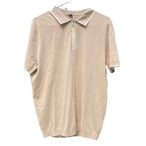 Altairega Women's Tan Beige Polo 1/4 zip short sleeve Top Shirt Sz S 100% cotton